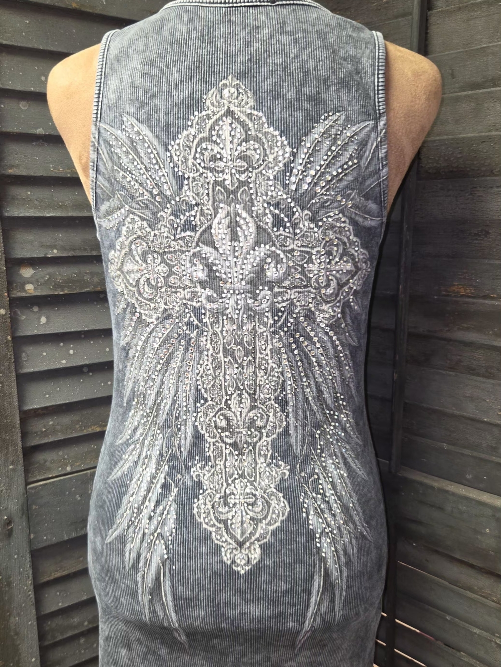 Vocal Gray Ribbed Tank Top with Rhinestone Cross - Picture 3 of 4